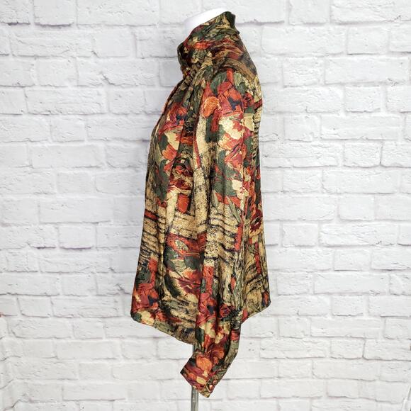 Vintage High Neck Gold Red Green Polyester Blouse Sz 6 - Picture 8 of 14
